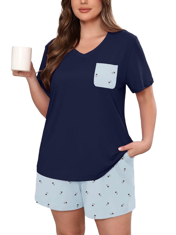 Women's Plus Size Pajama Set, Lamb Print Light Blue 3X 2 Piece Loungewear Sleepwear for Spring Summer Fall, Short Sleeve Top and Printed Shorts with Side Pockets,