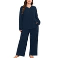 thumbnail image 1 of SHOWMALL Plus Size Lounge Sets for Women, Cozy 2 Piece Ribbed Fleece Pajamas, Long Sleeve Henley Top & Elastic Waist Wide Leg Pants, Classic Winter Loungewear, Navy Blue, 1 of 10