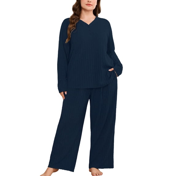 SHOWMALL Plus Size Lounge Sets for Women, Cozy 2 Piece Ribbed Fleece Pajamas, Long Sleeve Henley Top & Elastic Waist Wide Leg Pants, Classic Winter Loungewear, Navy Blue