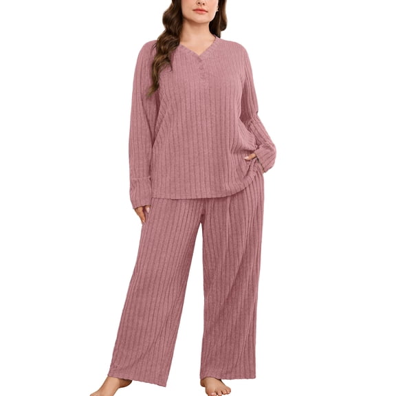 SHOWMALL Plus Size Pajamas for Women, 2 Piece Pajama Set, Cozy Ribbed Fleece Long Sleeve Henley Top & Wide Leg Lounge Pants, Cozy Weekend Loungewear, Pink