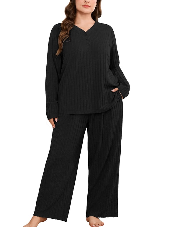 Plus Size Pajamas for Women, 2 Piece Pajama Set, Cozy Ribbed Fleece Long Sleeve Henley Top & Wide Leg Lounge Pants, Classic Everyday Loungewear, Black