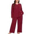 thumbnail image 1 of SHOWMALL Plus Size Pajamas for Women, 2 Piece Pajama Set, Cozy Ribbed Fleece Long Sleeve Henley Top & Wide Leg Lounge Pants, Warm Holiday Loungewear, Burgundy, 1 of 10