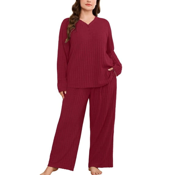 SHOWMALL Plus Size Pajamas for Women, 2 Piece Pajama Set, Cozy Ribbed Fleece Long Sleeve Henley Top & Wide Leg Lounge Pants, Warm Holiday Loungewear, Burgundy