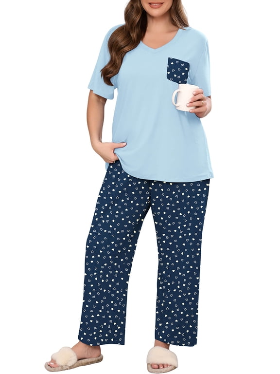 Women's Plus Size Pajama Set Navy Blue Heart Print 2X 2 Piece Loungewear Set Sleepwear for Spring Summer Fall, Short Sleeve Top and Printed Long Pants with Side Pockets