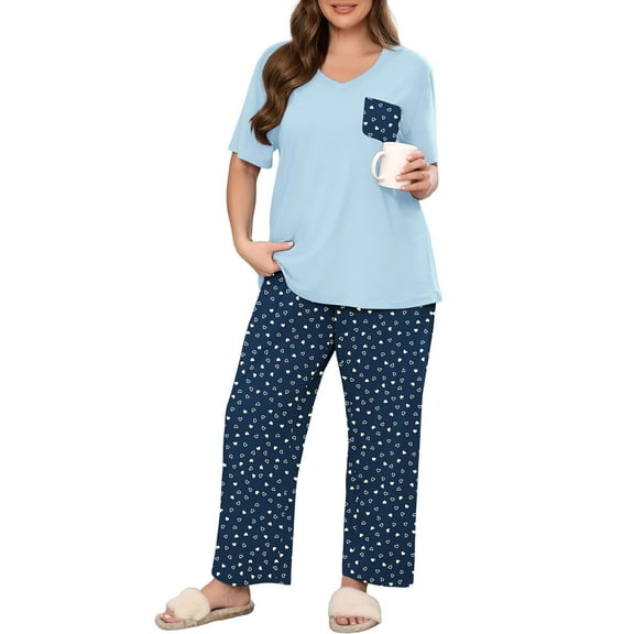 SHOWMALL Women's Plus Size Pajama Set Navy Blue Heart Print 3X 2 Piece Loungewear Set Sleepwear for Spring Summer Fall, Short Sleeve Top and Printed Long Pants with Side Pockets