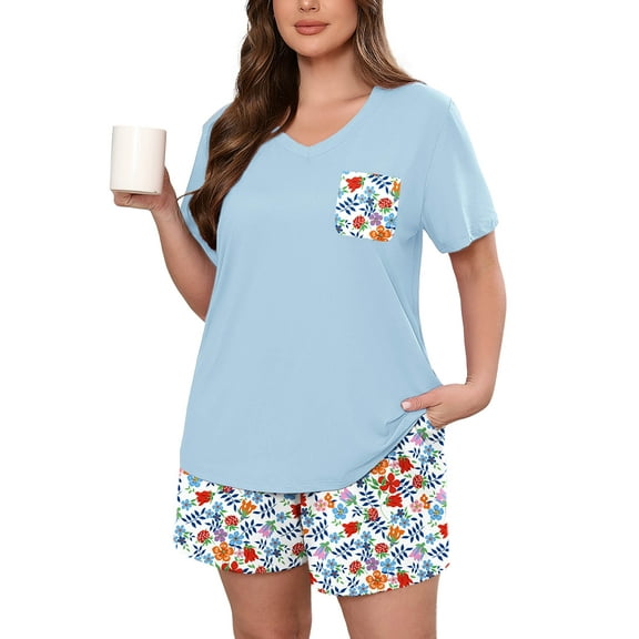 SHOWMALL Women's Plus Size Pajama Set, Orange Blue Floral Bloom 3X 2 Piece Loungewear Sleepwear for Spring Summer Fall, Short Sleeve Top and Printed Shorts with Side Pockets,