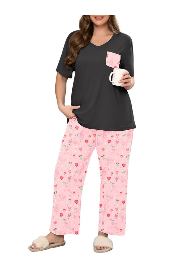 Women's Plus Size Pajama Set Pink Tiger Hearts 1X 2 Piece Loungewear Set Sleepwear for Spring Summer Fall, Short Sleeve Top and Printed Long Pants with Side Pockets