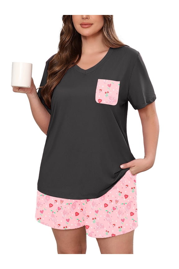 Women's Plus Size Pajama Set, Pink Tiger Hearts 3X 2 Piece Loungewear Sleepwear for Spring Summer Fall, Short Sleeve Top and Printed Shorts with Side Pockets,