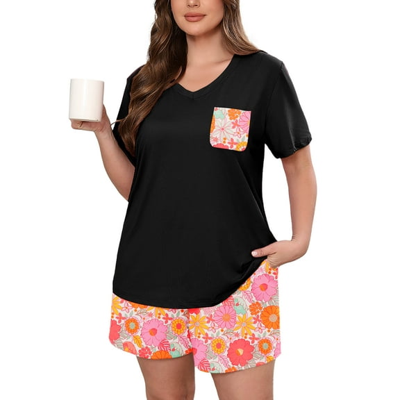 SHOWMALL Women's Plus Size Pajama Set, Summer Blossom Celebration 3X 2 Piece Loungewear Sleepwear for Spring Summer Fall, Short Sleeve Top and Printed Shorts with Side Pockets,