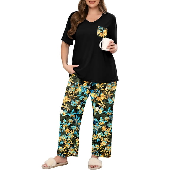SHOWMALL Women's Plus Size Pajama Set Yellow Blue Floral 2X 2 Piece Loungewear Set Sleepwear for Spring Summer Fall, Short Sleeve Top and Printed Long Pants with Side Pockets