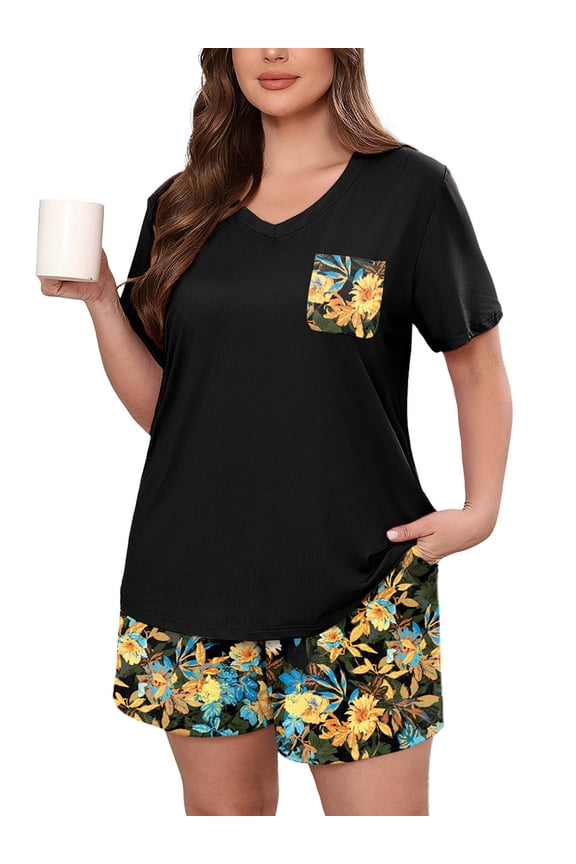 Women's Plus Size Pajama Set, Yellow Blue Floral 2X 2 Piece Loungewear Sleepwear for Spring Summer Fall, Short Sleeve Top and Printed Shorts with Side Pockets,