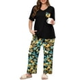 thumbnail image 1 of SHOWMALL Women's Plus Size Pajama Set Yellow Blue Floral 3X 2 Piece Loungewear Set Sleepwear for Spring Summer Fall, Short Sleeve Top and Printed Long Pants with Side Pockets, 1 of 7