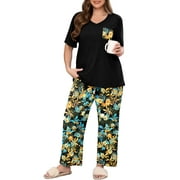 SHOWMALL Women's Plus Size Pajama Set Yellow Blue Floral 3X 2 Piece Loungewear Set Sleepwear for Spring Summer Fall, Short Sleeve Top and Printed Long Pants with Side Pockets