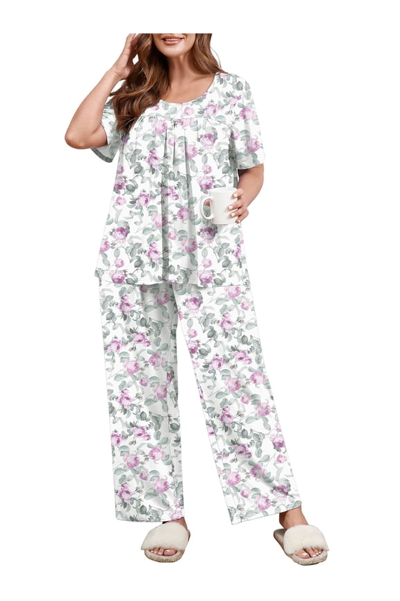 Women's Plus Size Printed 2 Piece Outfit Set, Lavender Mist Rose 3X Scoop Neck Short Sleeve Top and Pocket Pants, Floral Print Lounge & Sleepwear