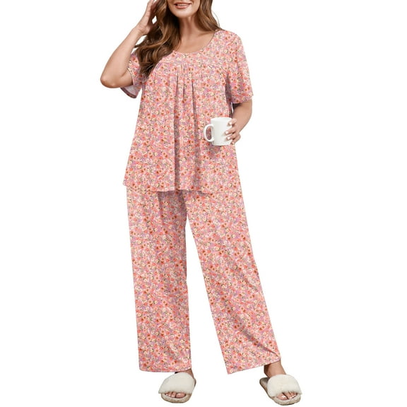 SHOWMALL Women's Plus Size Printed 2 Piece Outfit Set, Soft Bloom Pink 2X Scoop Neck Short Sleeve Top and Pocket Pants, Floral Print Lounge & Sleepwear