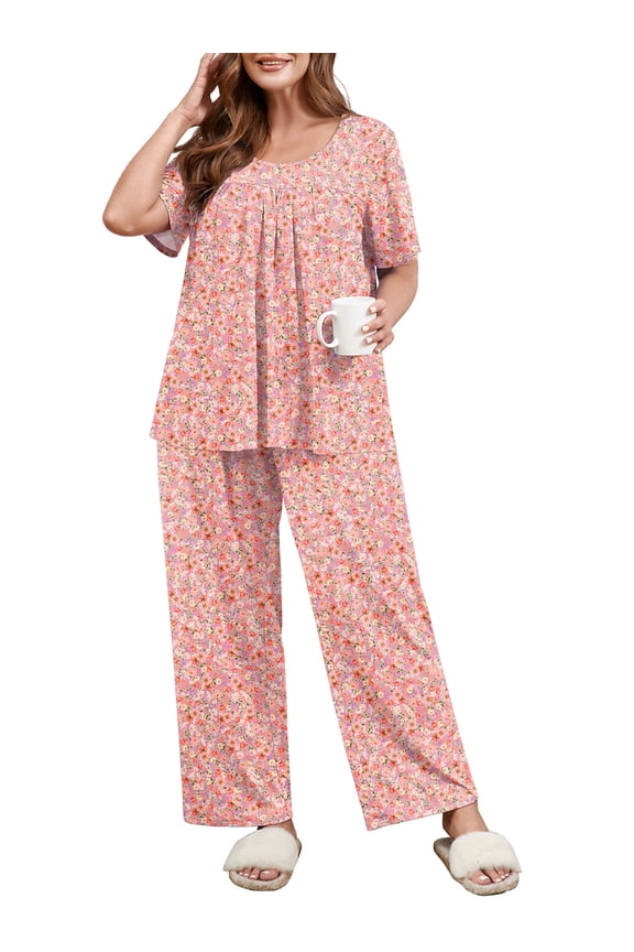 Women's Plus Size Printed 2 Piece Outfit Set, Soft Bloom Pink 3X Scoop Neck Short Sleeve Top and Pocket Pants, Floral Print Lounge & Sleepwear