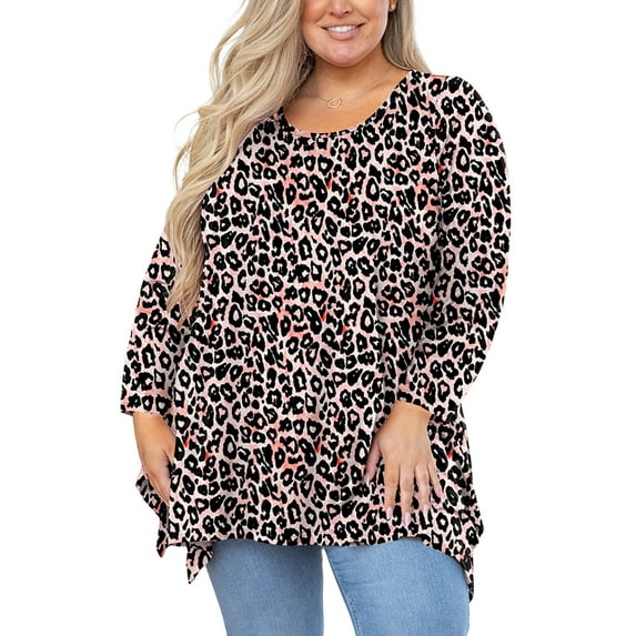 SHOWMALL Women's Plus Size Printed Long Sleeve Blouse for Christmas, Fancy Peachy Leopard 4X Handkerchief Hem Tunic, Breathable Knit, Office to Weekend Casual Tops
