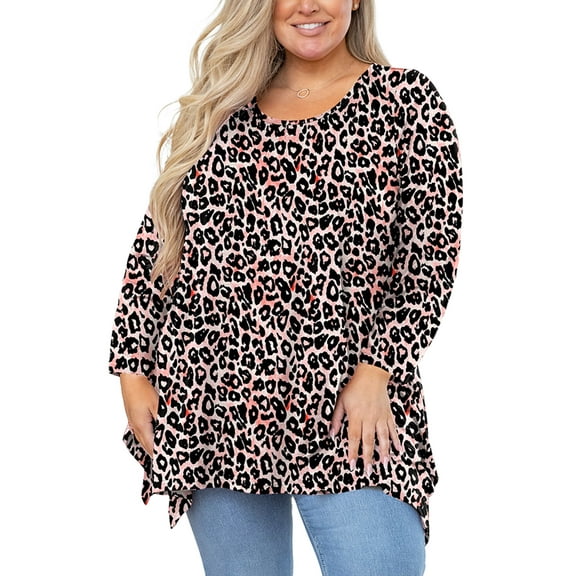 SHOWMALL Women's Plus Size Printed Long Sleeve Blouse for Christmas, Fancy Peachy Leopard 5X Handkerchief Hem Tunic, Breathable Knit, Office to Weekend Casual Tops