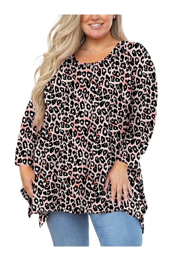 Women's Plus Size Printed Long Sleeve Blouse for Christmas, Fancy Peachy Leopard 5X Handkerchief Hem Tunic, Breathable Knit, Office to Weekend Casual Tops