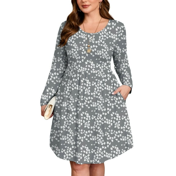 SHOWMALL Women's Plus Size Printed Long Sleeve Dress, Grey Sakura 3X Casual Swing Pocket Dress, Scoop Neck A-Line, Easy Layering for Spring & Fall