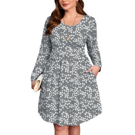 SHOWMALL Women's Plus Size Printed Long Sleeve Dress, Grey Sakura 5X Casual Swing Pocket Dress, Scoop Neck A-Line, Easy Layering for Spring & Fall
