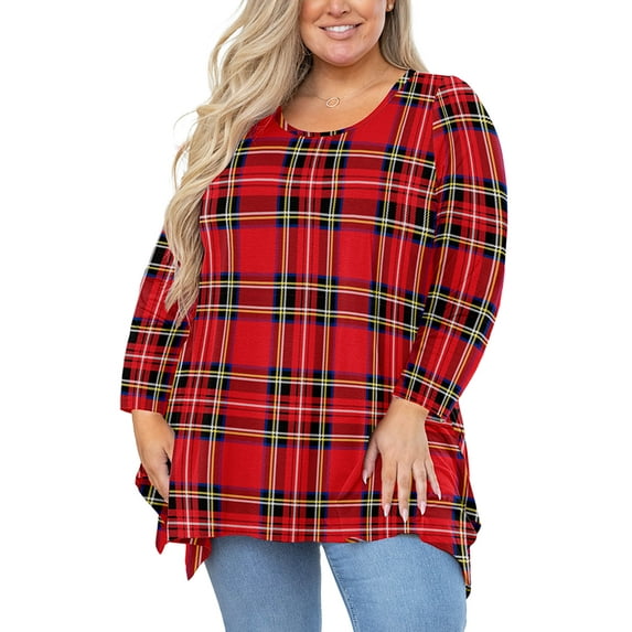 SHOWMALL Women's Plus Size Printed Long Sleeve Tunic Top for Christmas, Red Plaid 4X Scoop Neck Blouses, Asymmetrical Hem Shirts, Soft Stretch, Leggings Friendly