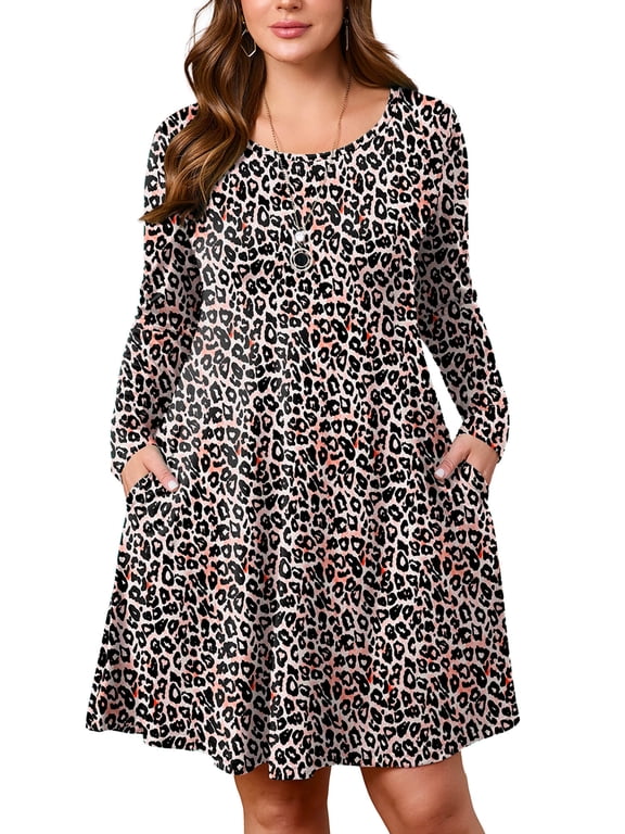 Women's Plus Size Printed Swing Dress Long Sleeves with Pockets, Fancy Peachy Leopard 2X Crew Neck A-Line, Knee Length, Midi Dress for Spring/Fall/Winter