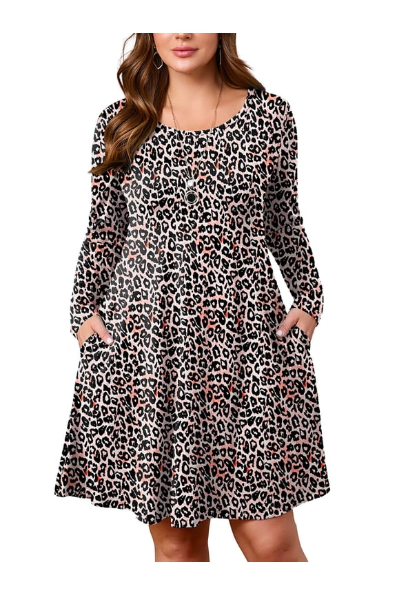 Women's Plus Size Printed Swing Dress Long Sleeves with Pockets, Fancy Peachy Leopard 3X Crew Neck A-Line, Knee Length, Midi Dress for Spring/Fall/Winter