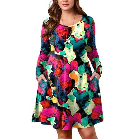 SHOWMALL Women's Plus Size Printed T-Shirt Dress Long Sleeves with Pockets, Multicolored 2X Crew Neck Pocket Dress, Soft & Breathable, Spring/Fall/Winter Outfits