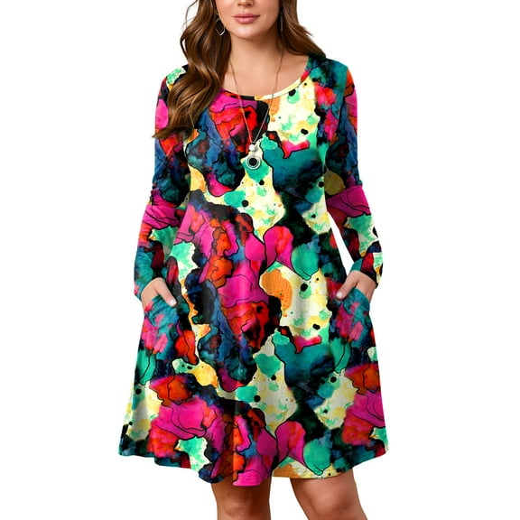 SHOWMALL Women's Plus Size Printed T-Shirt Dress Long Sleeves with Pockets, Multicolored 3X Crew Neck Pocket Dress, Soft & Breathable, Spring/Fall/Winter Outfits