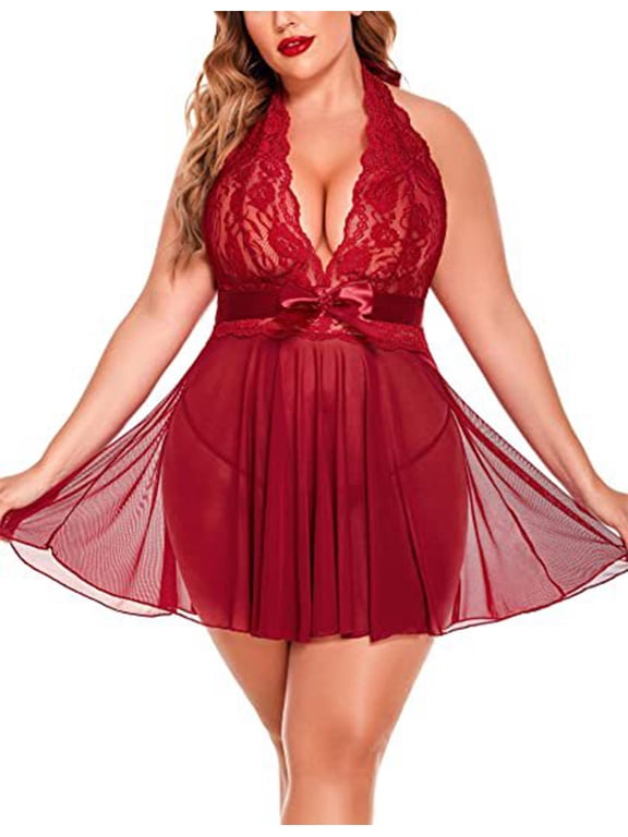 Women's Sexy Lingerie Lace Halter Nightdress V-Neck Open Back Chemise, Sheer Mesh Sleepwear with Bow Tie, Burgundy L