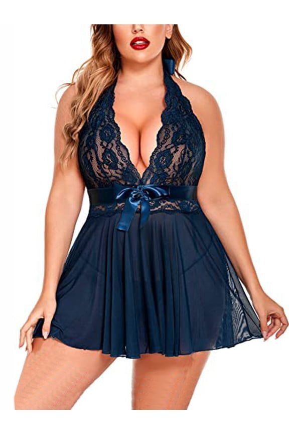 Women's Sexy Lingerie Lace Halter Nightdress V-Neck Open Back Chemise, Sheer Mesh Sleepwear with Bow Tie, Navy Blue L