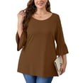 thumbnail image 1 of SHOWMALL Women's Plus Size Shirts Bell-Sleeve Ultimate T shirts Cocoa brown 2X Scoop Neck Casual Blouses 3/4 Sleeves Basic Tops, 1 of 7