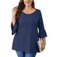 thumbnail image 1 of SHOWMALL Women's Plus Size Shirts Bell-Sleeve Ultimate T shirts Navy Blue 2X Scoop Neck Casual Blouses 3/4 Sleeves Basic Tops, 1 of 7