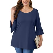 SHOWMALL Women's Plus Size Shirts Bell-Sleeve Ultimate T shirts Navy Blue 4X Scoop Neck Casual Blouses 3/4 Sleeves Basic Tops
