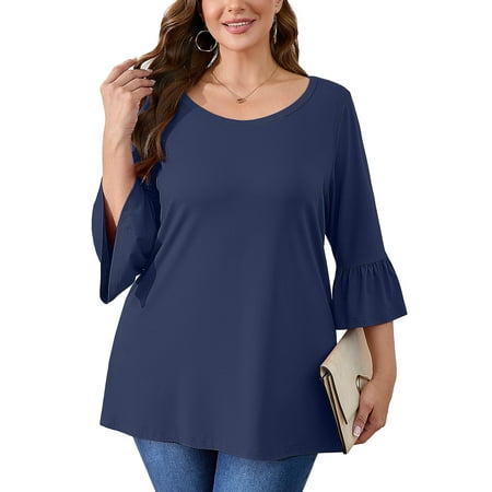 SHOWMALL Women's Plus Size Shirts Bell-Sleeve Ultimate T shirts Navy Blue 4X Scoop Neck Casual Blouses 3/4 Sleeves Basic Tops