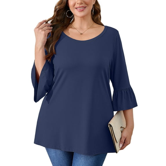 SHOWMALL Women's Plus Size Shirts Bell-Sleeve Ultimate T shirts Navy Blue 5X Scoop Neck Casual Blouses 3/4 Sleeves Basic Tops