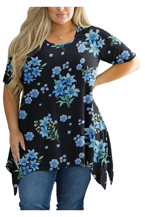 Women's Plus Size Shirts Summer Floral Short Sleeve Black Blue Lily Bouquet 3X Blouse Swing Tee Crewneck Clothing Flowy Tops for Leggings
