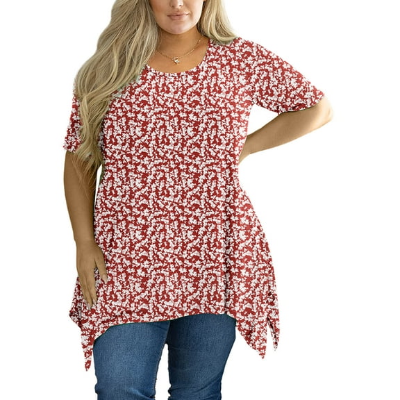 SHOWMALL Women‘s Plus Size Shirts Summer Floral Short Sleeve Maple Leaf 3X Blouse Swing Tee Crewneck Clothing Flowy Tops for Leggings