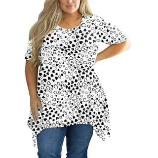 SHOWMALL Women's Plus Size Shirts Summer Floral Short Sleeve White Lovely Hearts 3X Blouse Swing Tee Crewneck Clothing Flowy Tops for Leggings