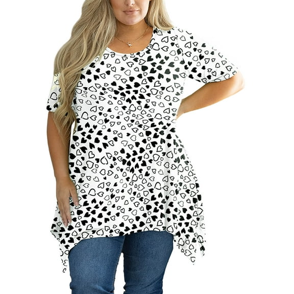 SHOWMALL Women's Plus Size Shirts Summer Floral Short Sleeve White Lovely Hearts 3X Blouse Swing Tee Crewneck Clothing Flowy Tops for Leggings