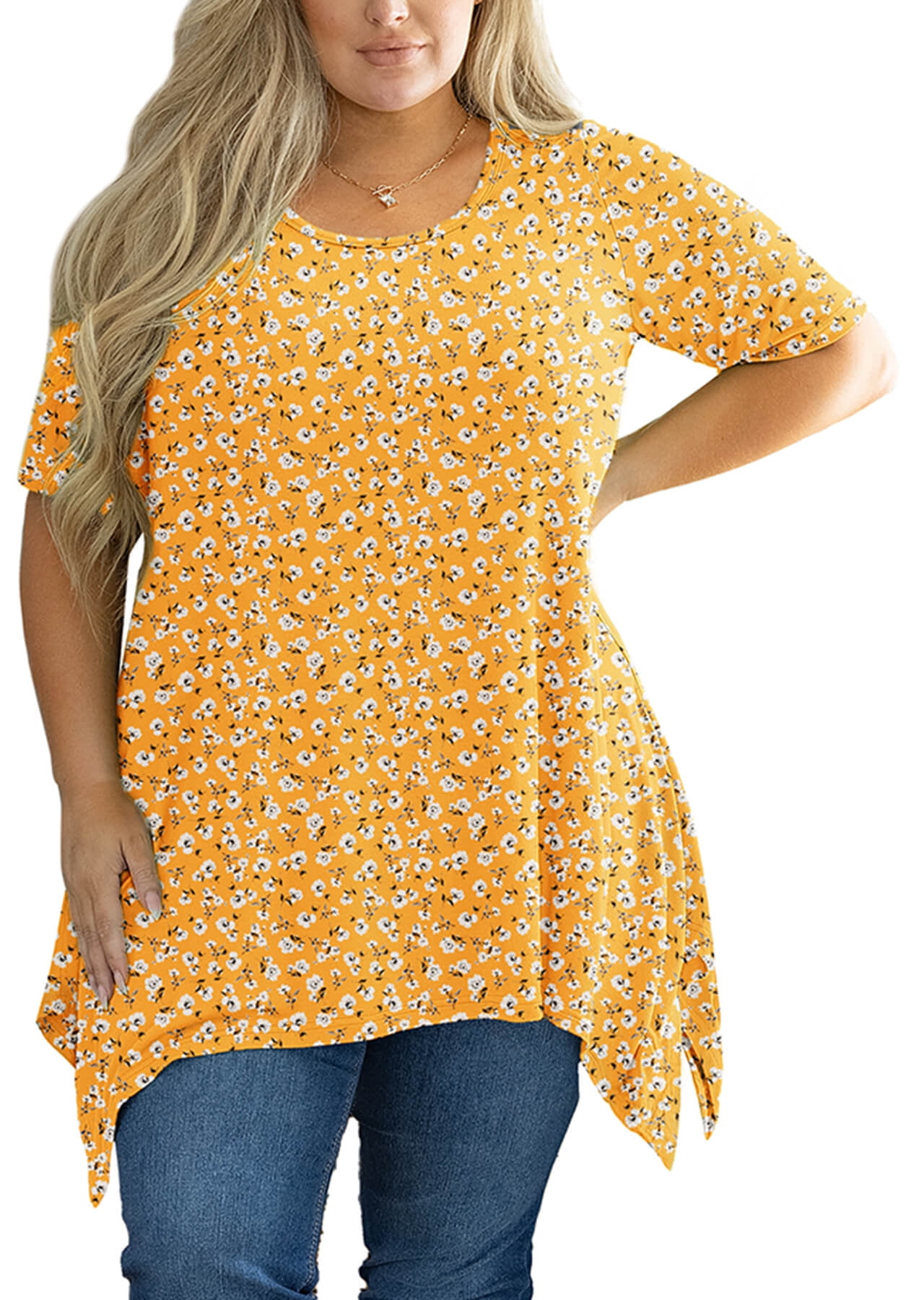 Yellow Stripe Striped Contrast Floral Sleeve Patchwork Plus Size Loose Top main image 1