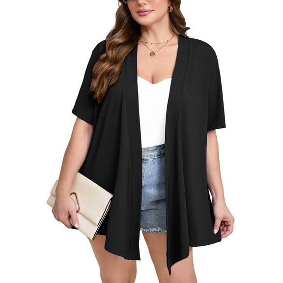 SHOWMALL Women's Plus Size Short Sleeve Cardigan, Black 2X Open Front Lightweight Kimono Jacket for Spring Summer Fall
