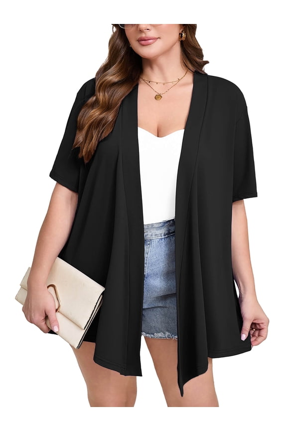 Women's Plus Size Short Sleeve Cardigan, Black 2X Open Front Lightweight Kimono Jacket for Spring Summer Fall