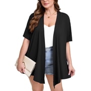 SHOWMALL Women's Plus Size Short Sleeve Cardigan, Black 3X Open Front Lightweight Kimono Jacket for Spring Summer Fall