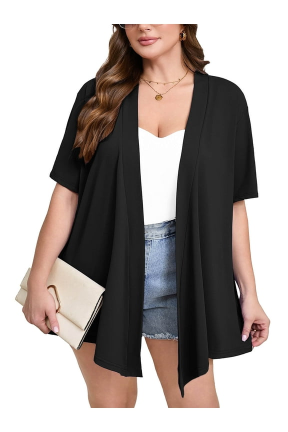 Women's Plus Size Short Sleeve Cardigan, Black 4X Open Front Lightweight Kimono Jacket for Spring Summer Fall