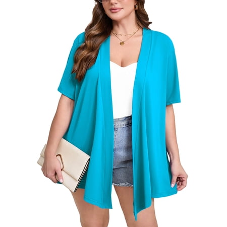 SHOWMALL Women's Plus Size Short Sleeve Cardigan, Blue 3X Open Front Lightweight Kimono Jacket for Spring Summer Fall