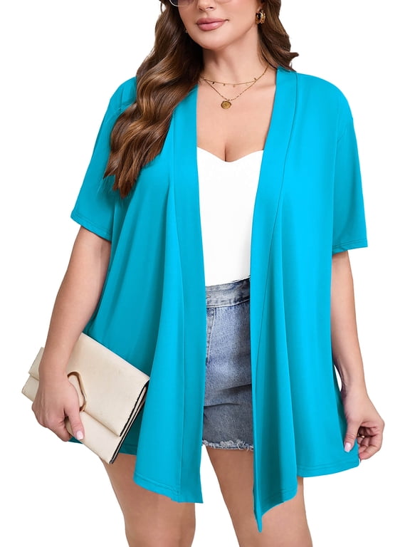 Women's Plus Size Short Sleeve Cardigan, Blue 3X Open Front Lightweight Kimono Jacket for Spring Summer Fall