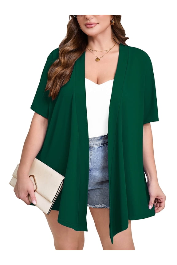 Women's Plus Size Short Sleeve Cardigan, Dark Green 1X Open Front Lightweight Kimono Jacket for Spring Summer Fall