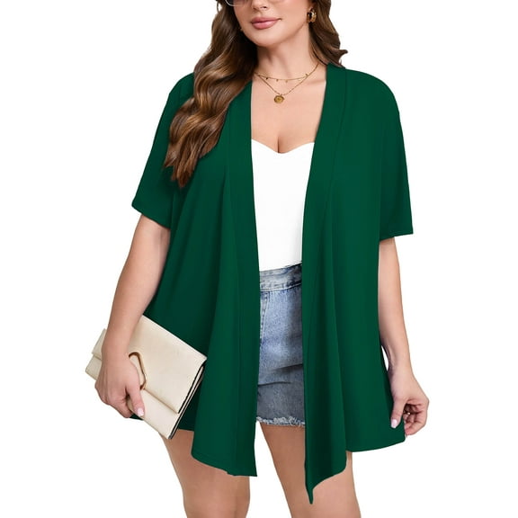 SHOWMALL Women's Plus Size Short Sleeve Cardigan, Dark Green 3X Open Front Lightweight Kimono Jacket for Spring Summer Fall